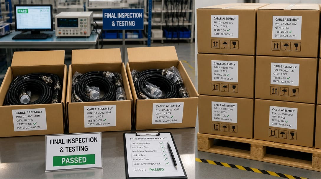 Export-ready cable assemblies packed in labeled cartons after final inspection and testing
