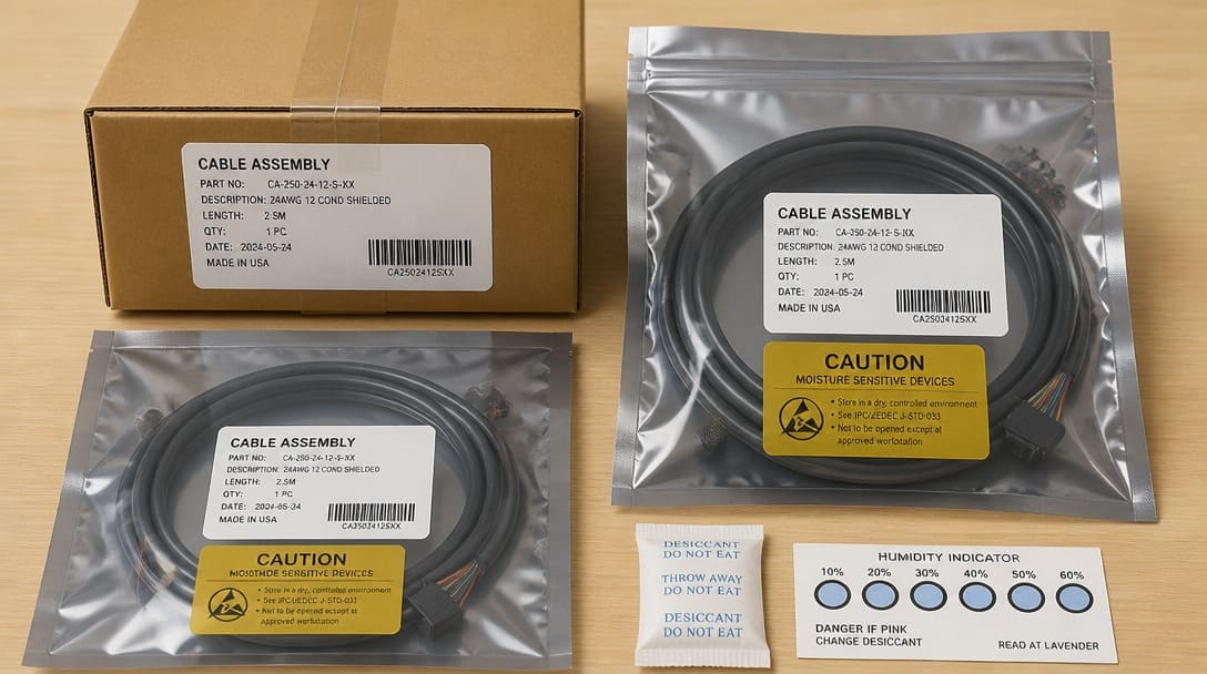 Export-ready cable assembly packaging with barcode labels and moisture barrier bags