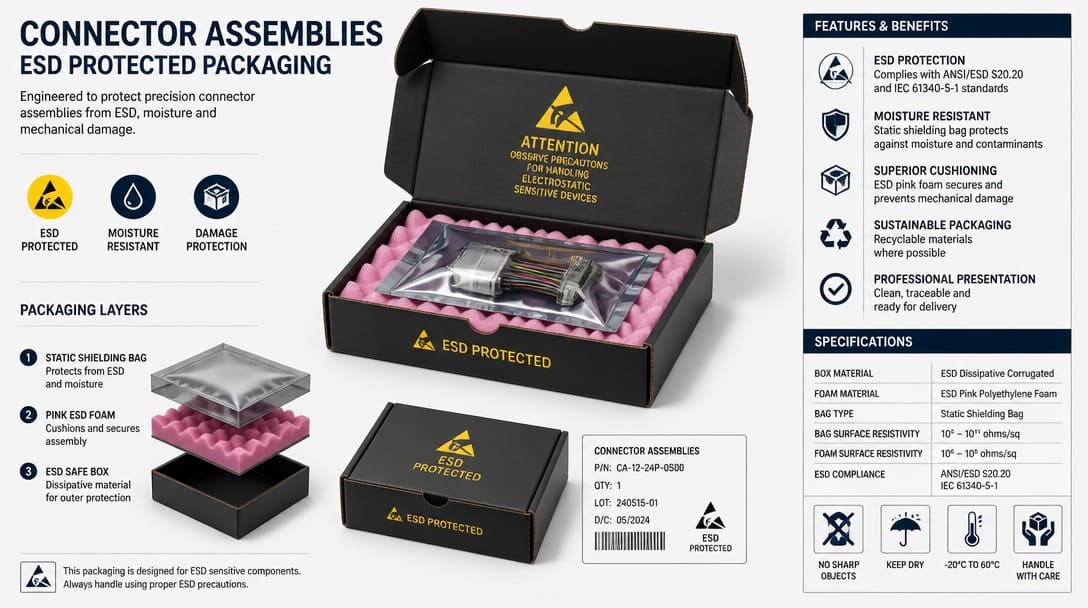 Export-ready packaging for connector assemblies with ESD protection
