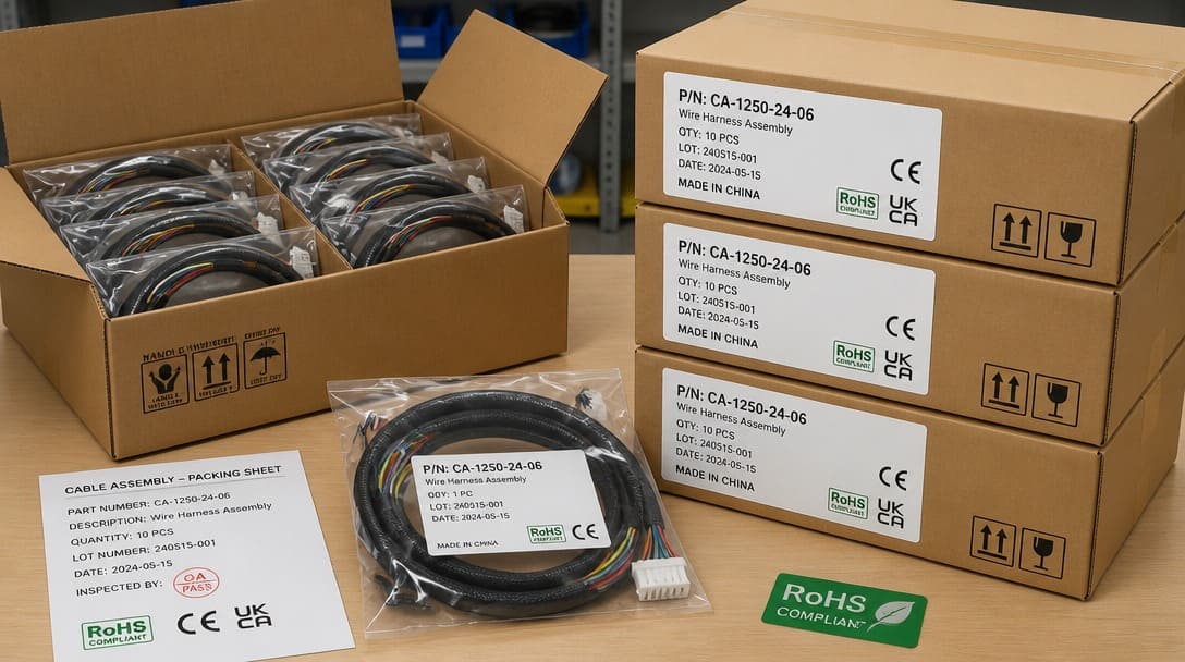 Export-ready packaging of cable assemblies with labeled cartons showing part numbers and compliance marks