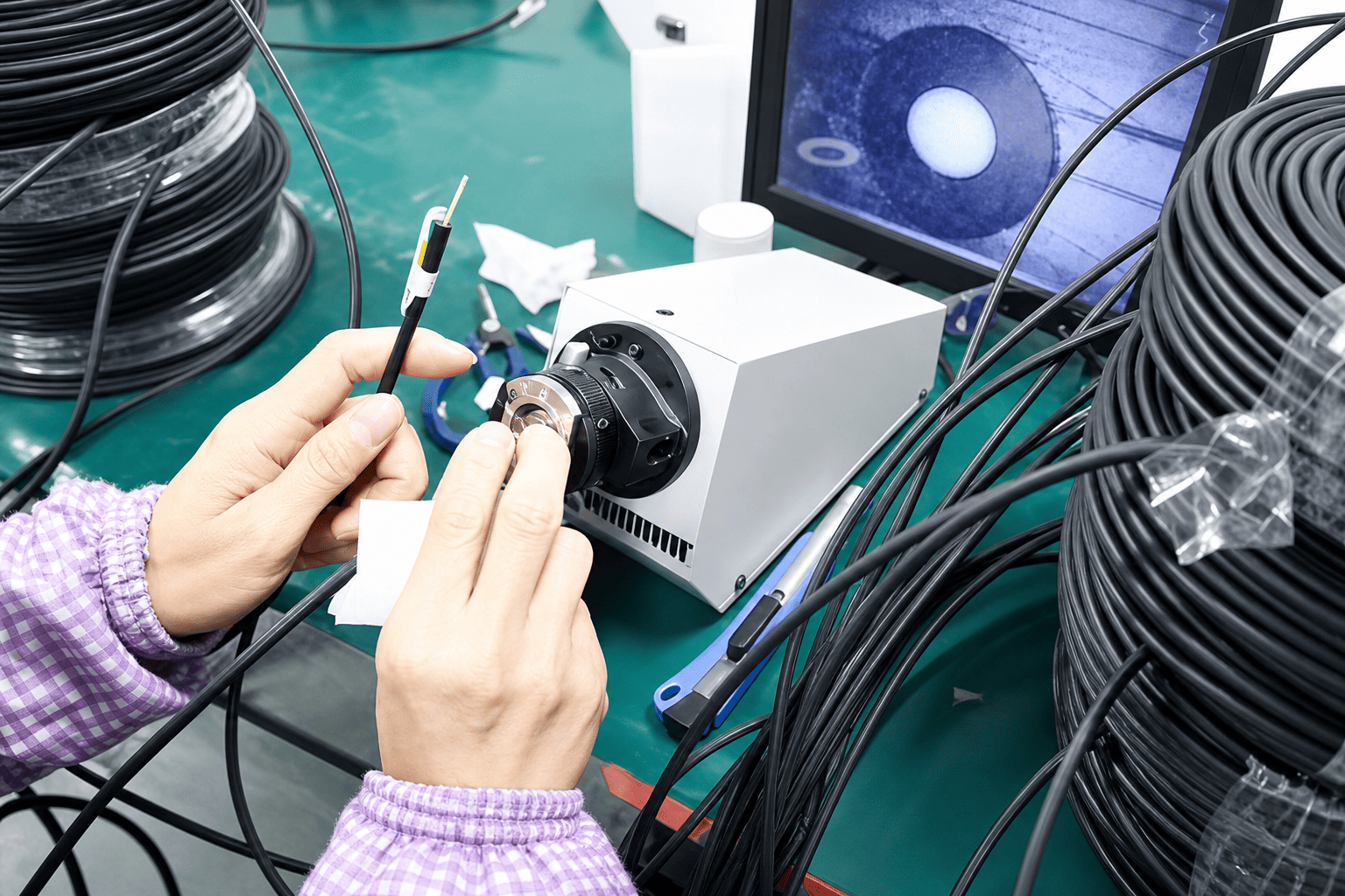 Fiber optic coupling machine for HDMI active optical cable assembly