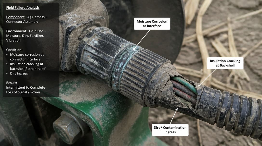 Field-failed agricultural harness showing moisture corrosion and insulation cracking at connector backshell