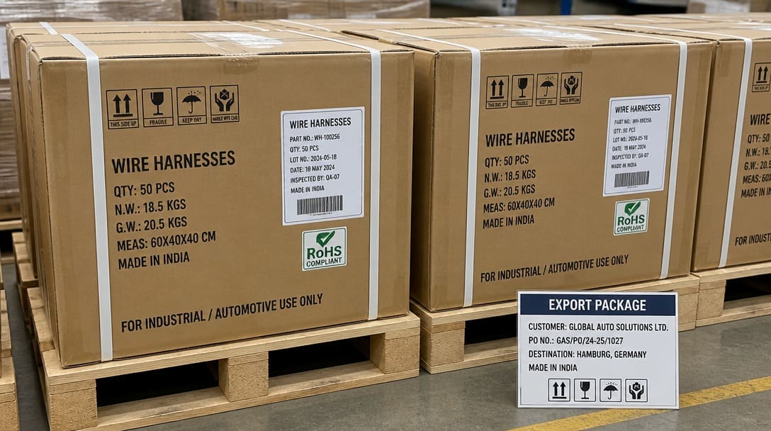Finished wire harnesses packed in export-ready cartons with labeling