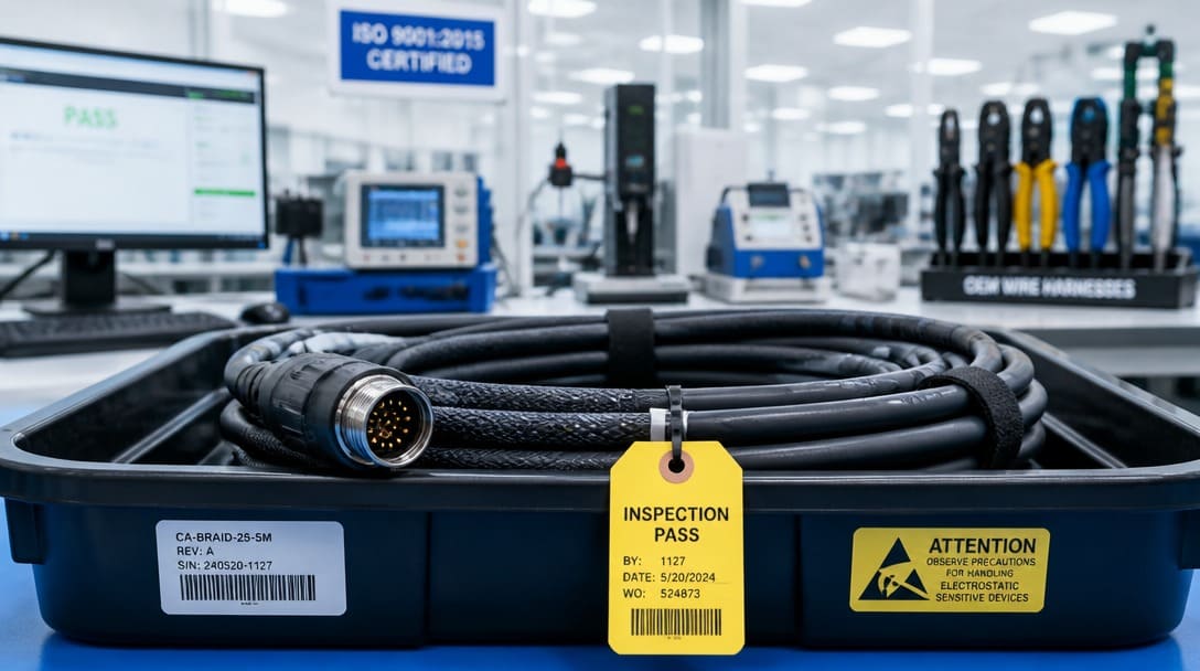 First-article cable assembly sample prepared for final inspection and export packaging