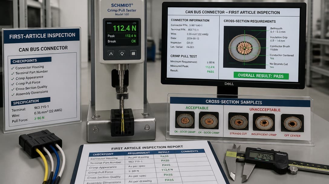 First-article inspection station with crimp pull tester and cross-sectioned terminal samples for CAN bus connector verificati