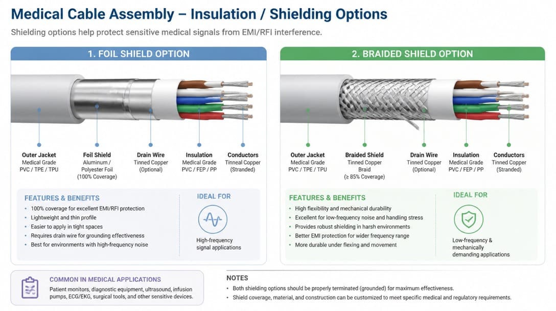 Foil shield and braided shield options for medical cable assembly insulation layers