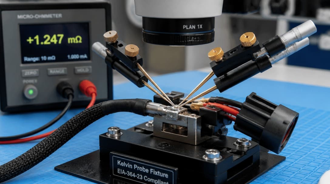 Four-wire low-level contact resistance measurement setup with Kelvin probes on a connector terminal