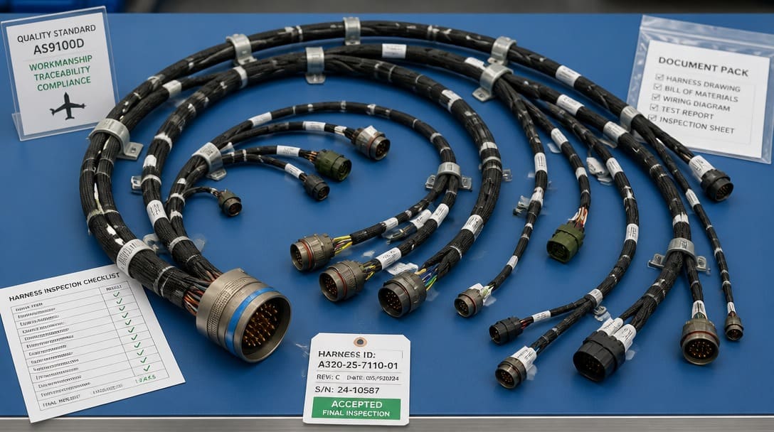 Fully assembled aerospace wire harness ready for final inspection and packaging