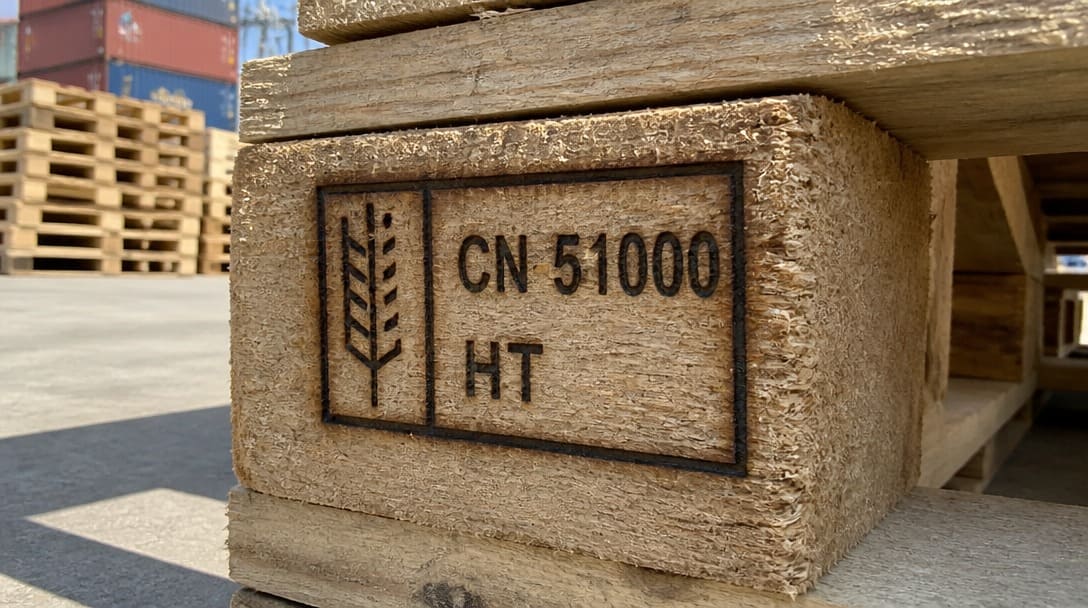 Fully legible ISPM 15 heat-brand mark on a China export wood pallet, showing the IPPC cereal symbol, CN country code, producer code, and HT treatment method.
