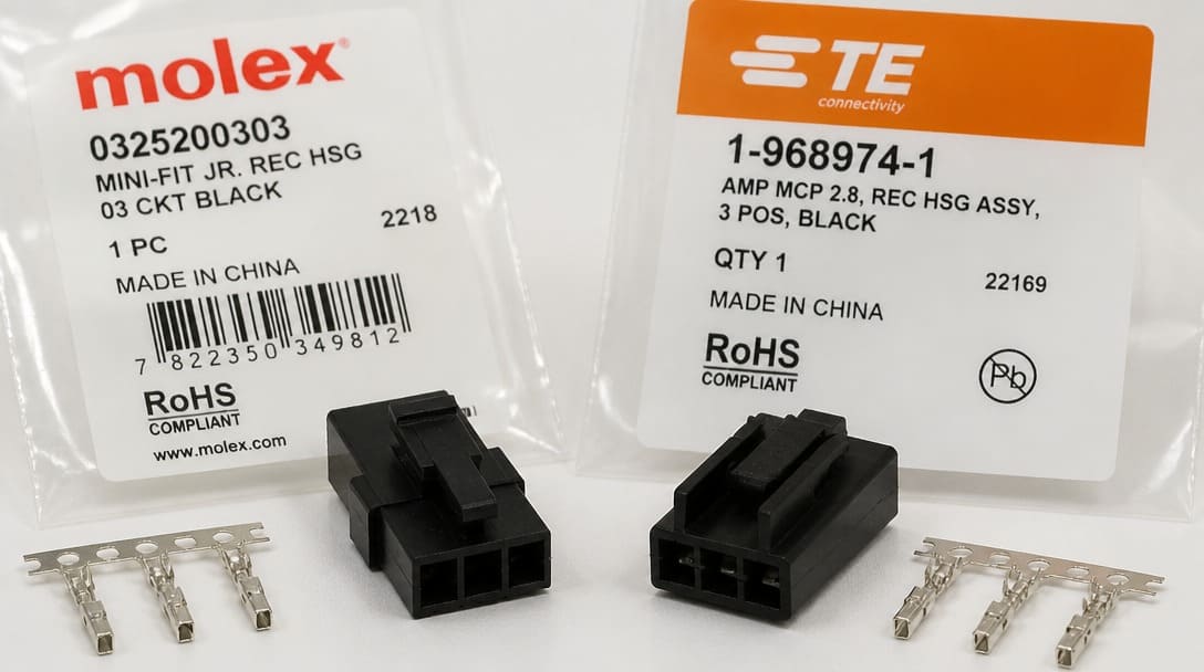 Genuine Molex and TE Connectivity connector samples with RoHS labeling