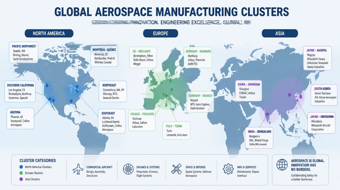 Global map highlighting aerospace manufacturing clusters across North America, Europe, and Asia