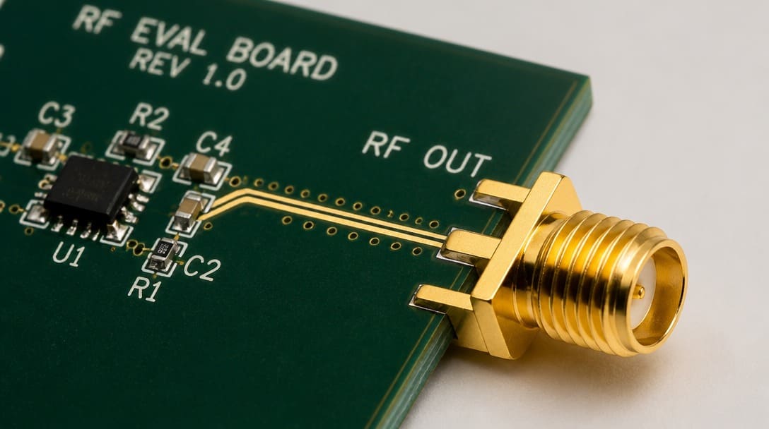 Gold-plated SMA female PCB edge-mount connector on RF evaluation board