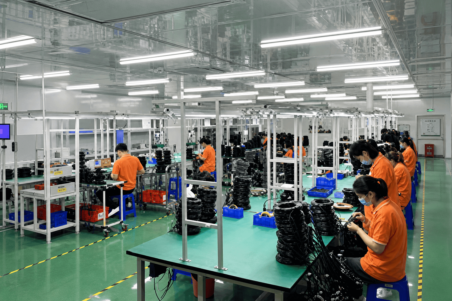Main HDMI fiber optic cable production workshop with organized manufacturing lines