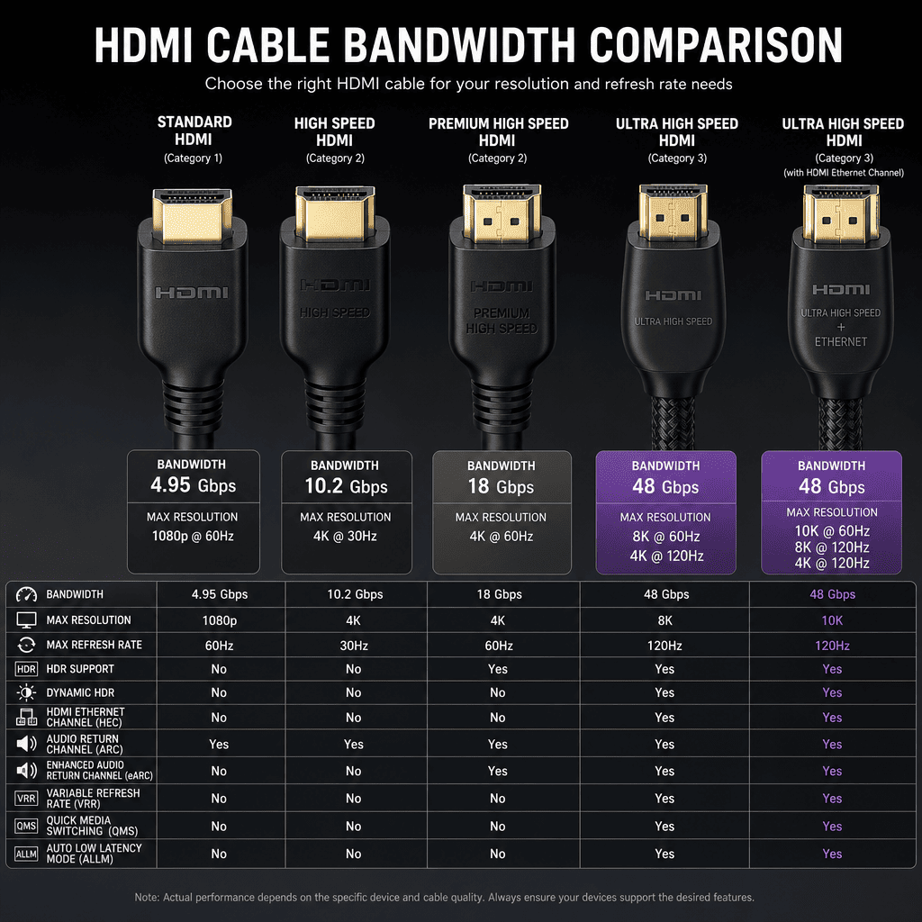 HDMI cable bandwidth comparison