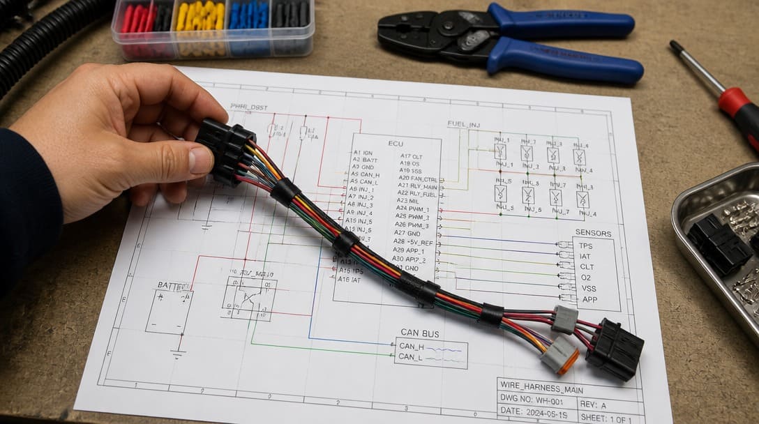 Hand guiding colorful wire harness over CAD schematic on workbench with tools