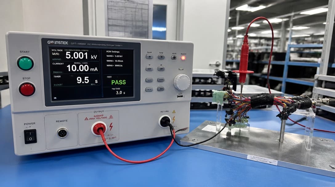 Hi-pot tester measuring insulation resistance between conductors and shield of a cable assembly