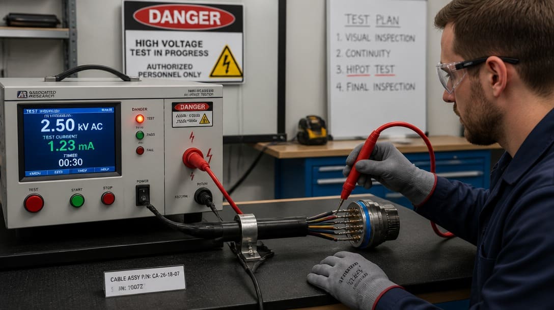 High-pot tester applying voltage to check insulation integrity on a multi-conductor cable assembly