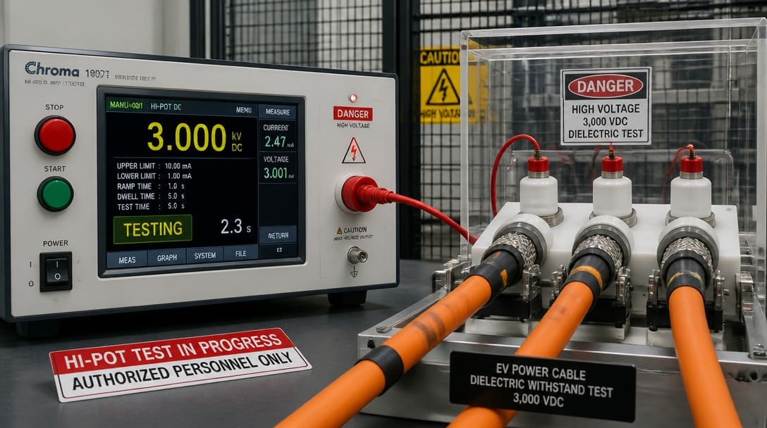 High-potential (Hi-Pot) testing instrument executing a 3,000 VDC dielectric withstand screening on heavy-gauge EV power cables