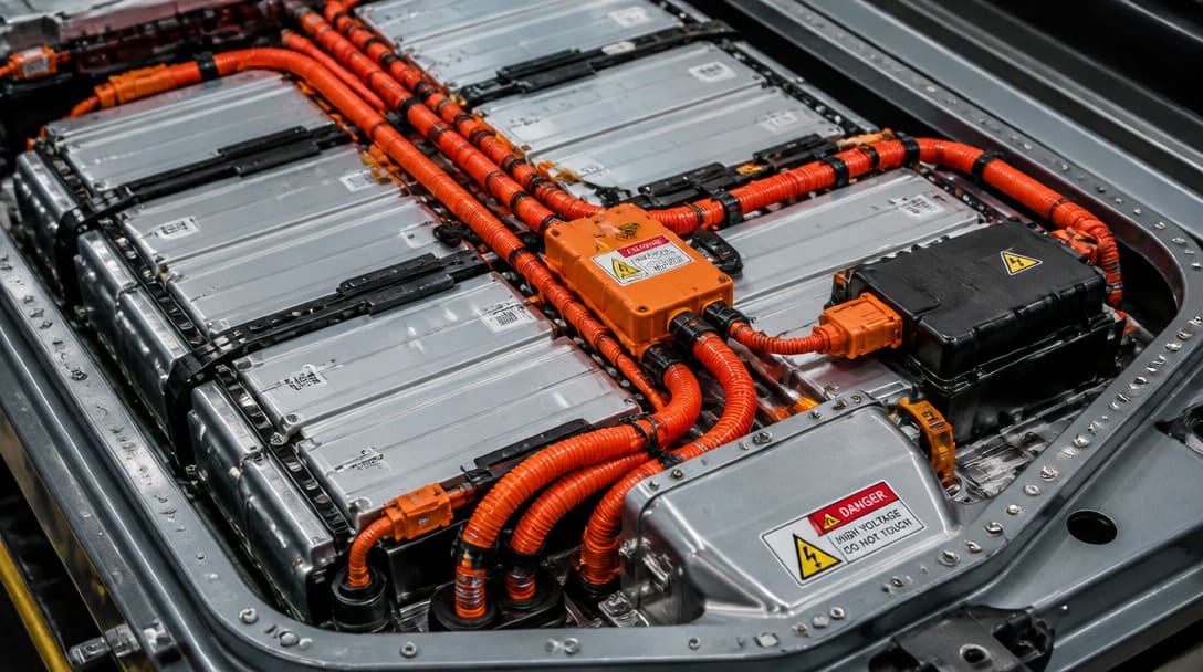 High-voltage wire harness installed on an electric vehicle battery pack