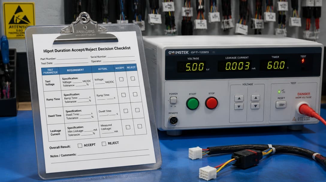 Hipot Duration Accept/Reject Decision Checklist on clipboard with voltage ramp leakage and dwell columns