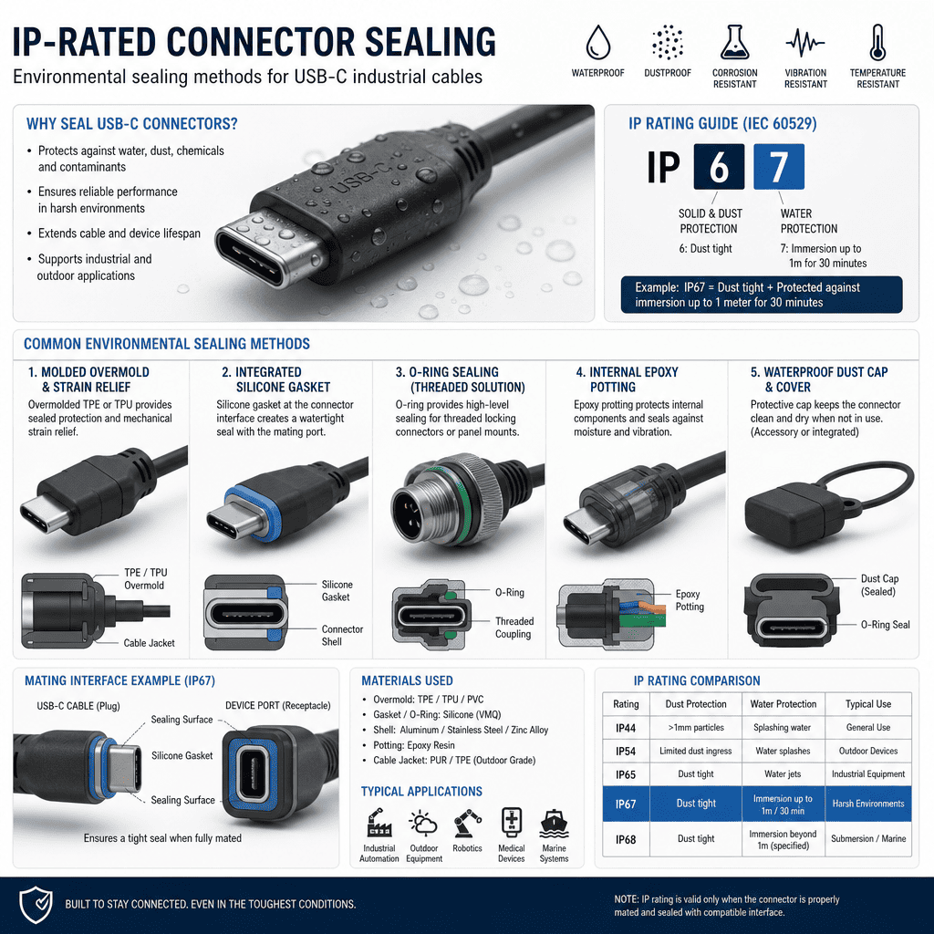 Environmental sealing methods for USB-C industrial cables IP-rated connector sealing