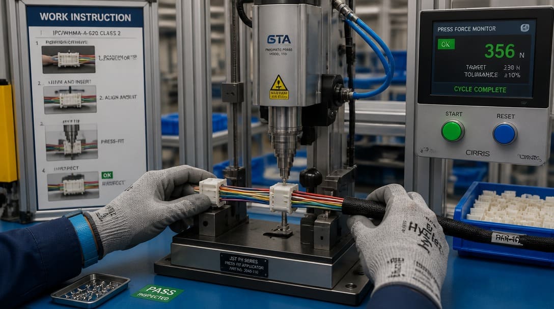 IPC wire harness assembly station with pneumatic press-fitting tool aligning connectors on multiconductor cable