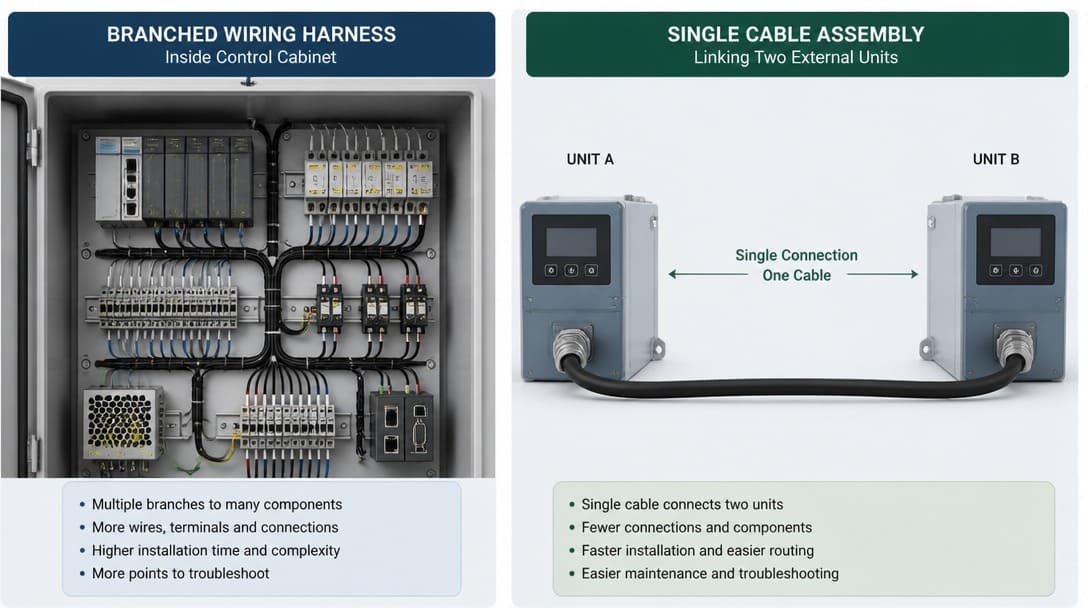 Illustration comparing a branched wiring harness inside a control cabinet with a single cable assembly linking two external units
