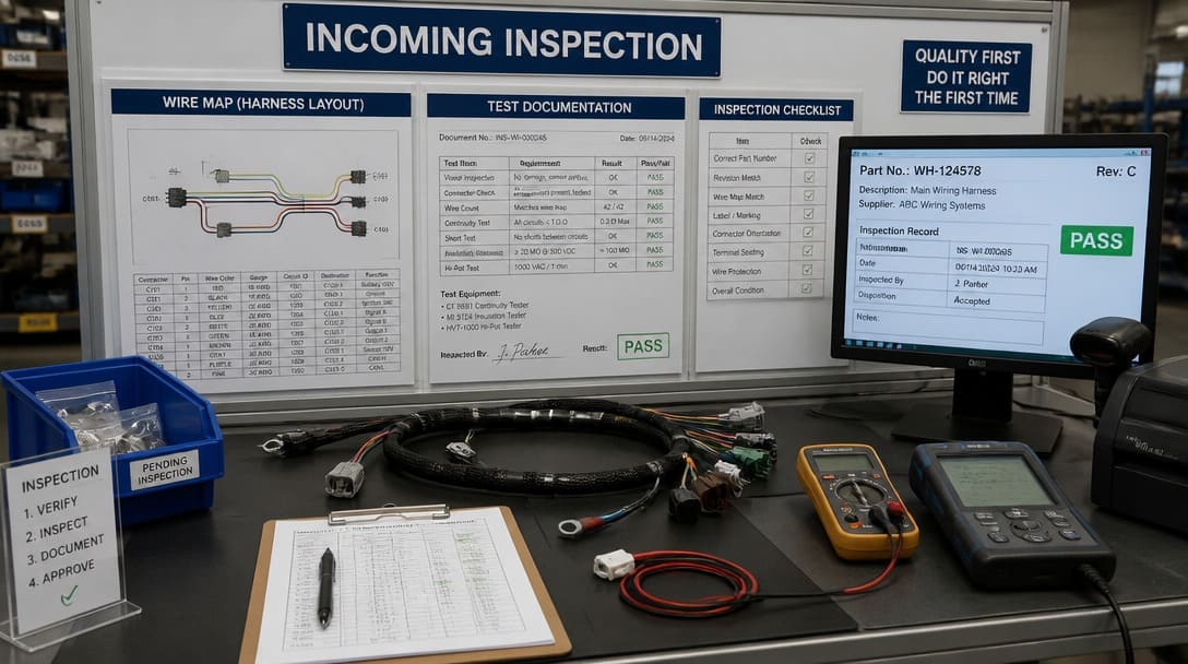 Incoming inspection station with wire map records and test documentation