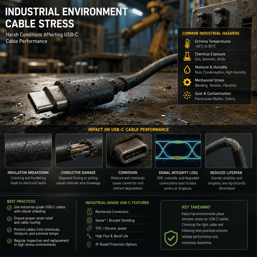 Harsh conditions affecting USB-C cable performance Industrial environment cable stress