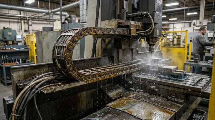 Industrial machine tool with cable carrier exposed to oil and coolant