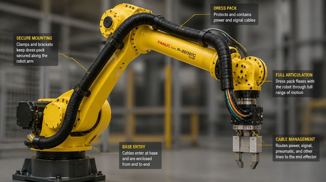 Industrial robot arm with flexible cable assembly dress pack routing power and signal cables