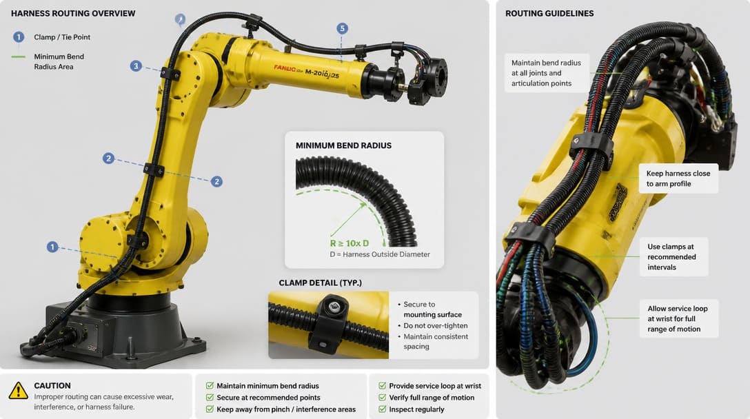 Industrial robot arm with properly routed wire harness showing bend radius and clamping points