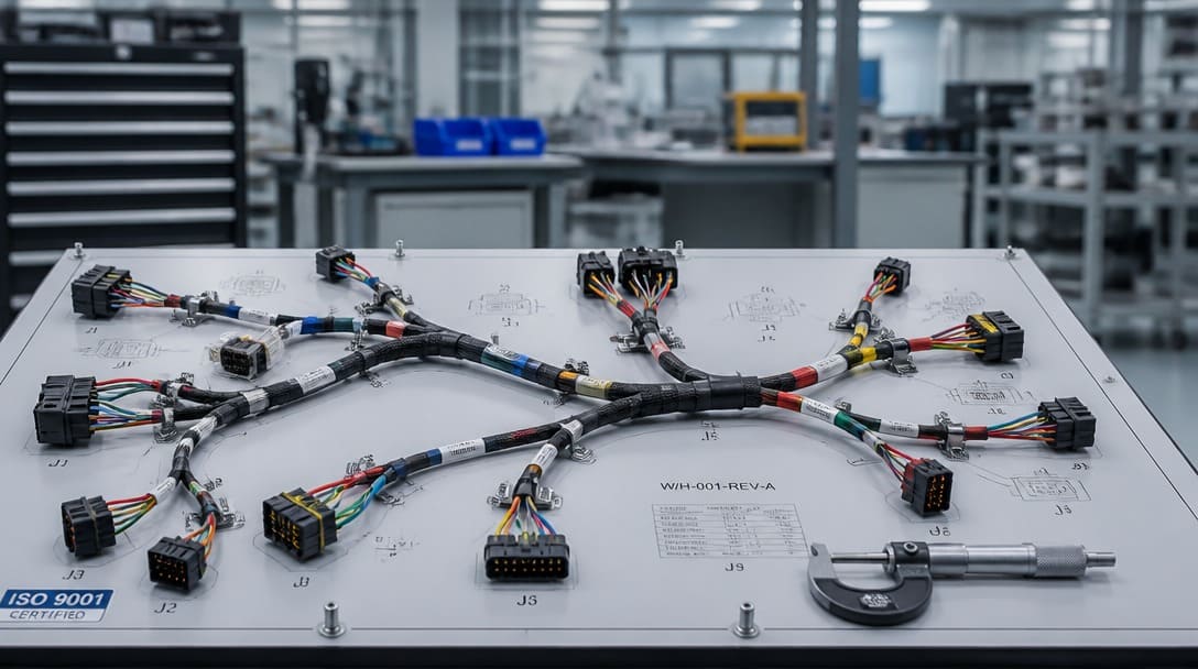 Industrial wire harness assembly undergoing precision dimensional and visual inspection on a custom factory test board