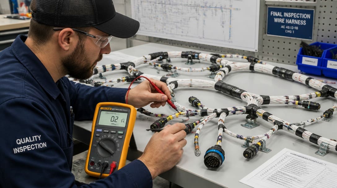 Inspection technician performing continuity testing on a finished aircraft wire harness