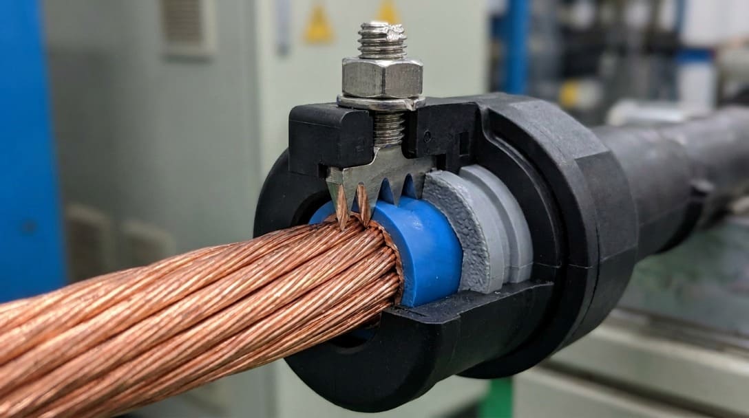 Insulation piercing connector teeth piercing wire insulation close-up