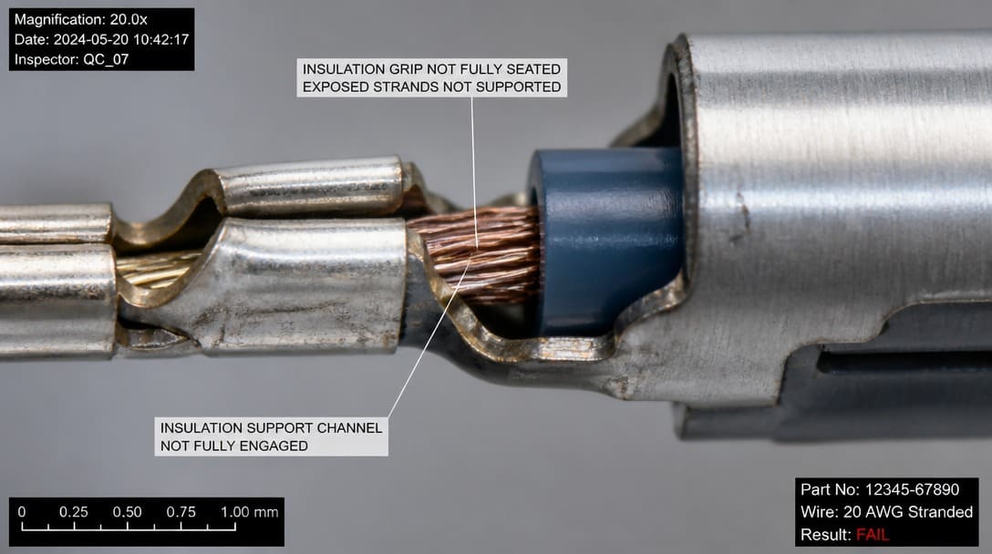 Insulation support geometry at a backshell transition showing unsupported strands