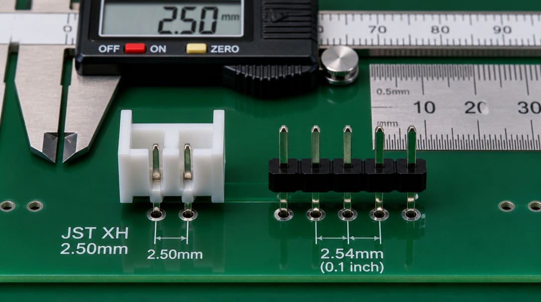 JST XH 2.50mm pitch housing next to a 2.54mm pitch 0.1 inch header showing difference in PCB pad spacing