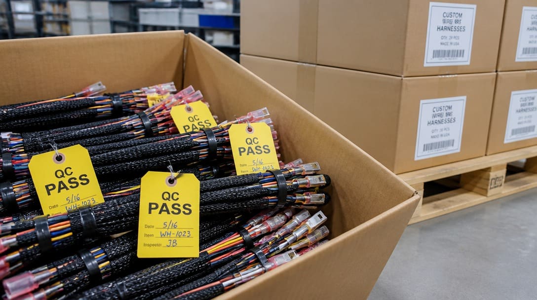 Labeled export cartons of custom wire harness assemblies prepared for shipment with quality inspection tags