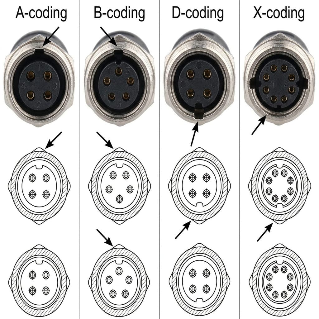 M12 Code Identification M12 coding identification markings and keyway positions