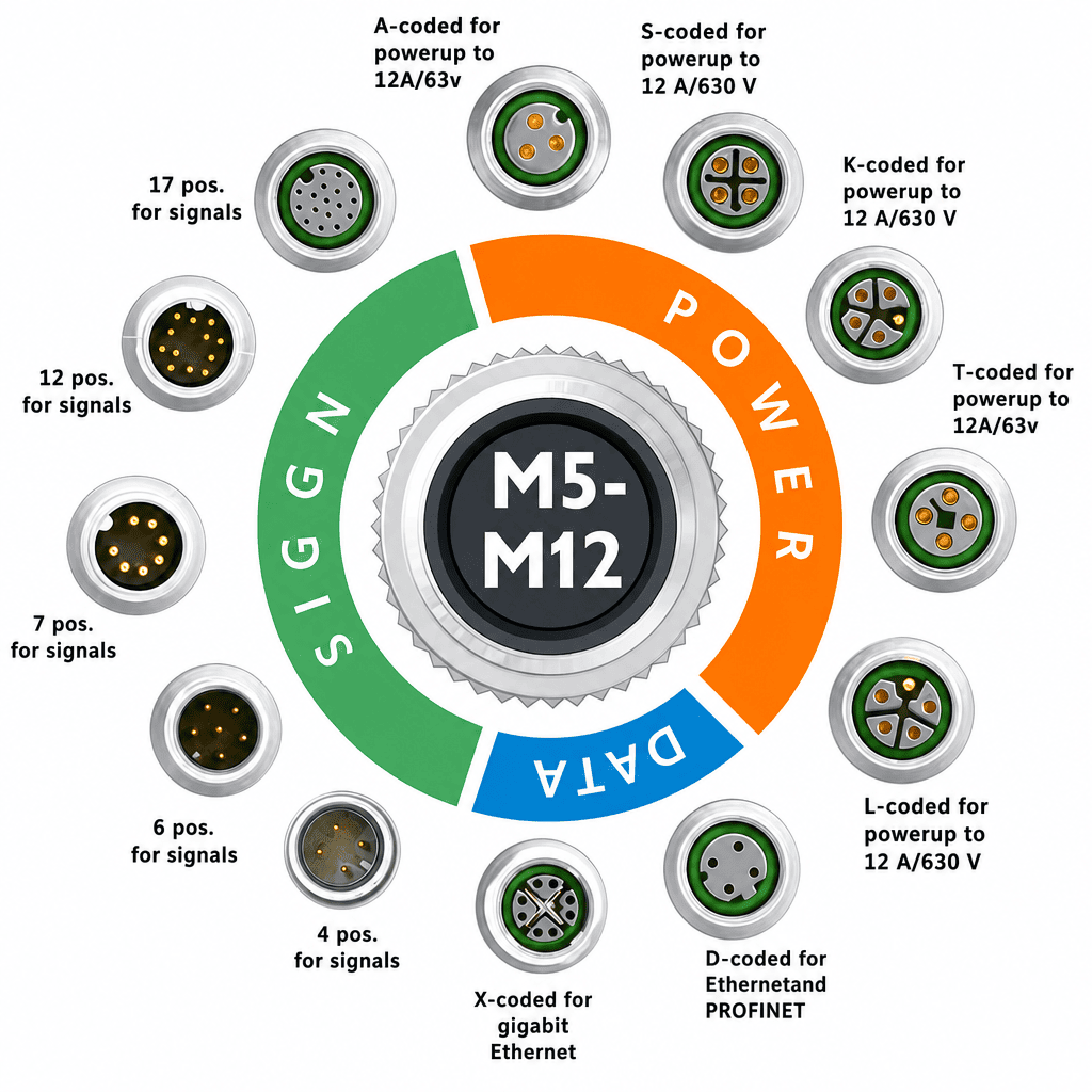 M12 Connector Coding Variants M12 connector family with different coding types