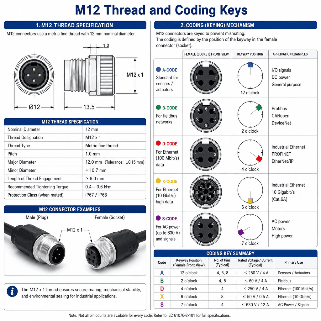 M12 Thread and Coding Keys M12 thread specification and coding keying mechanism