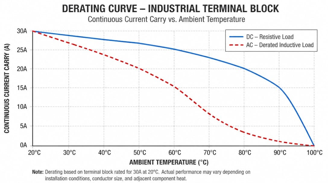 Manufacturer derating curve for terminal block current versus ambient temperature
