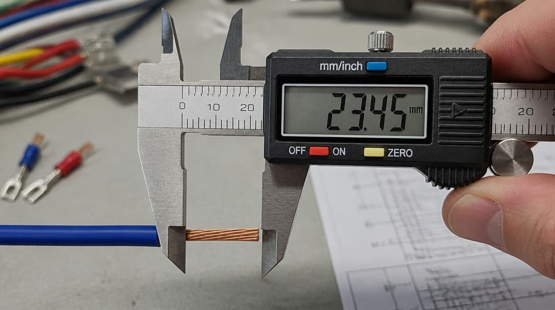 Measured strip length on a stripped wire conductor with a caliper showing exposed lay length