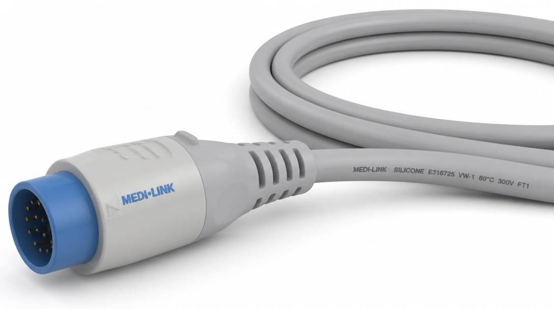 Medical cable assembly with overmolded connector strain relief and silicone jacket