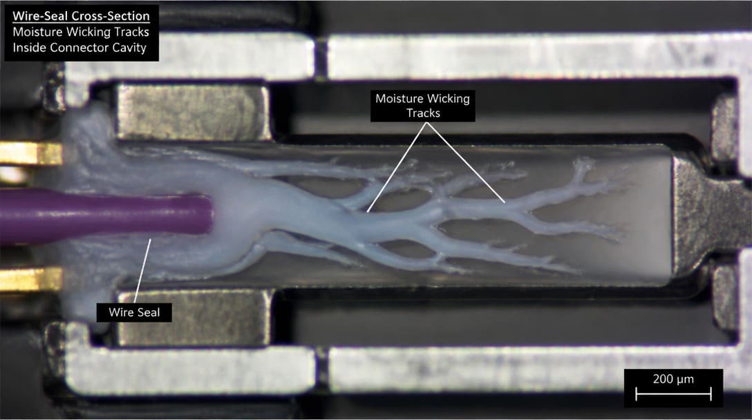 Microscope image of wire-seal with moisture wicking tracks inside connector cavity