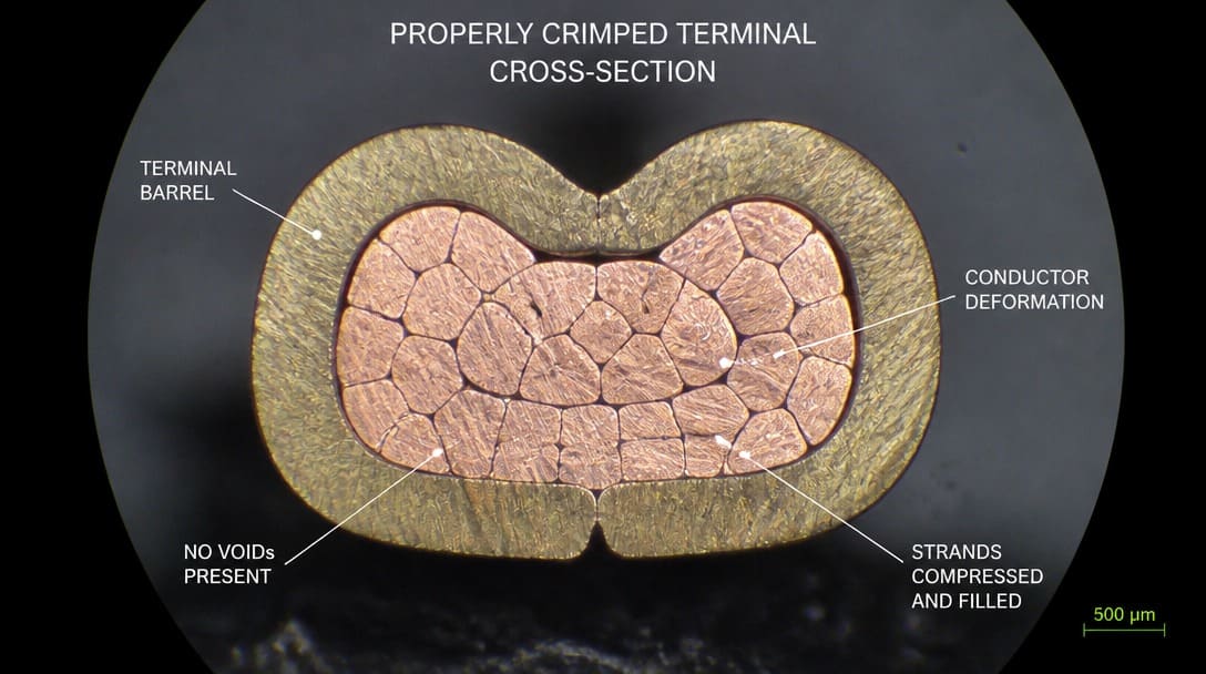 Microscope view of a properly crimped terminal cross-section showing conductor deformation