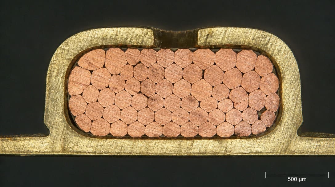 Microsection cross-section of a crimped conductor barrel showing strand deformation and voiding