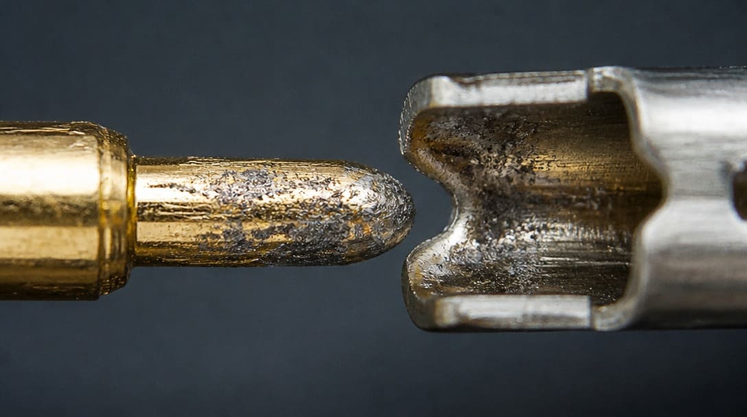 Mixed gold-tin connector mating interface with micro-motion fretting corrosion debris