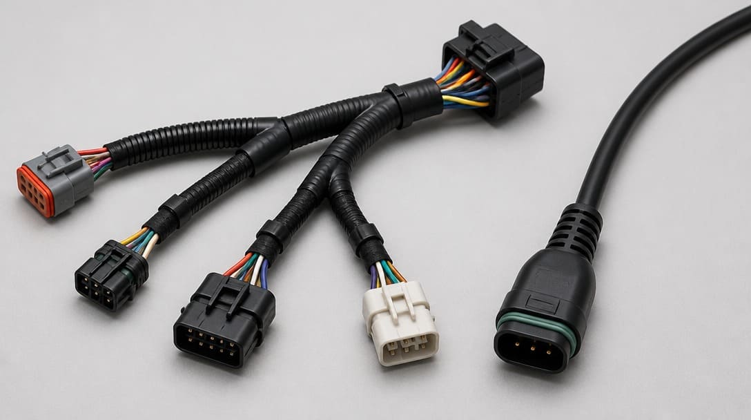 Multi-branch wire harness with loom protection next to single-ended overmolded cable assembly