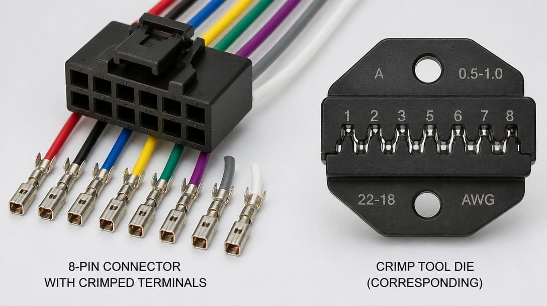Multi-pin connector with crimped terminals and the corresponding crimp tool die